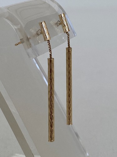 14K Yellow Gold Diamond Cut Cylinder Rod / Chain Drop Dangle Earrings - Picture 2 of 13