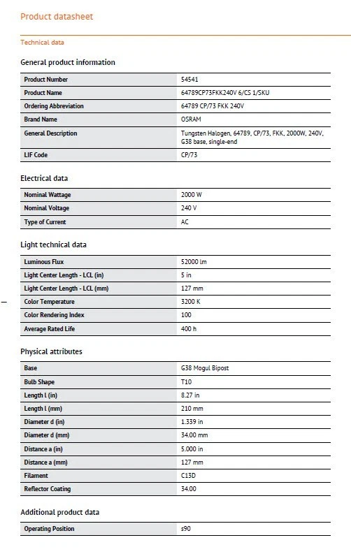 OSRAM 64789 54541 FKK 2,000 Watt 240 Volt G38 CP/73 Spot Lamp Photography Light - Image 3 of 3
