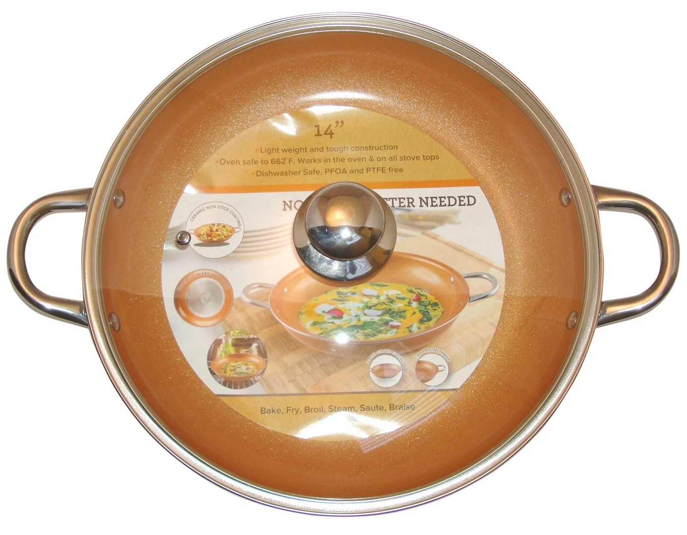 Copper Pan 14 Inch,round Induction Base with tempered Glass Lid,Dish Washer Safe
