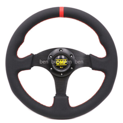 330mm 13'' OMP Lychee Genuine Leather Red Stitching Flat Sport Steering Wheel #R