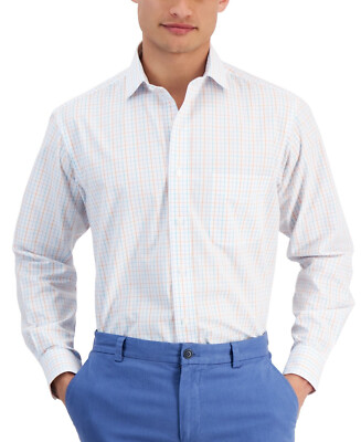 Club Room Men's Regular fit Performance Dress Shirt, Orange Aqua, 16, 32/33