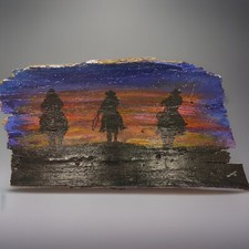 Hand Painted Tree Bark Western Nature Art Signed By Artist 3 Cowboys At Sunset
