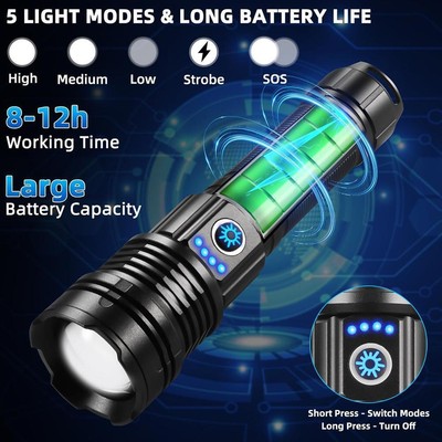 High Power Led Flashlights Camping Torch 5 Lighting Modes Aluminum Alloy/ D5H8