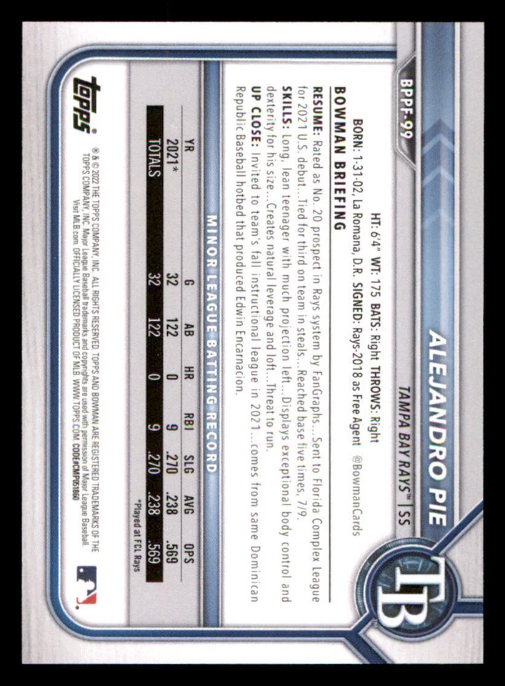 2022 Bowman 1st Edition #BPPF99 Alejandro Pie - Image 2 of 2