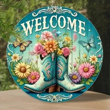 Rustic Welcome Tin Metal Signs with Cowboy Boots, Floral & Butterfly Design