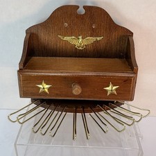 Vintage Wooden Wall Tie Holder Rack Brass Eagle Stars Drawer Made in Japan