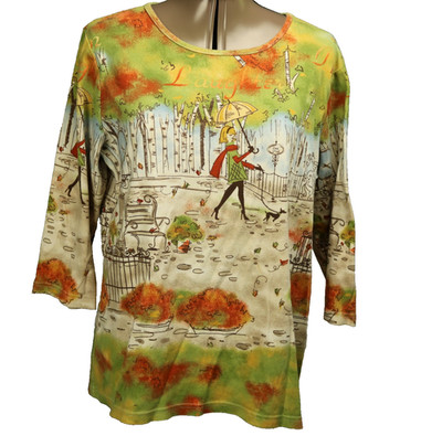 Christopher & Banks 100% Cotton Graphic T-Shirt Lady Walking Dog Autumn Park XL
