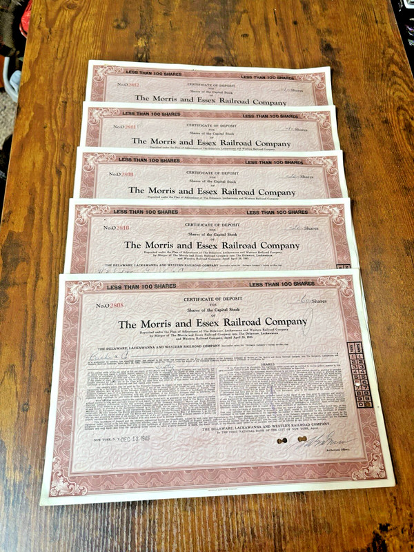 Lot of 5 Morris & Essex Railroad Company Stock Certificates 1945