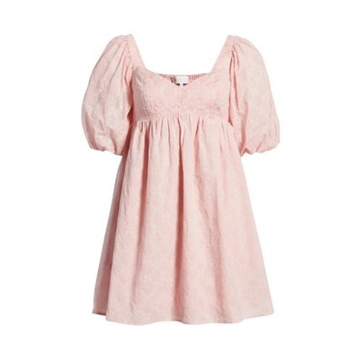 WAYF Ripton Pink Puff Sleeve Mini Dress Floral Jacquard Womens M Smocked
