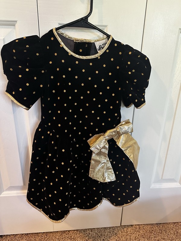 Vintage 90s Jo Lene Black Velvet Gold Polka Dot Christmas Dress Girls Size 4 USA