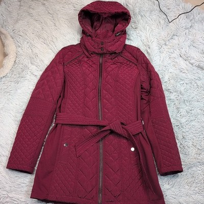 Sebby Jacket Womens M Red Removable Hood Pockets Coat Zip Up Belted Comfort