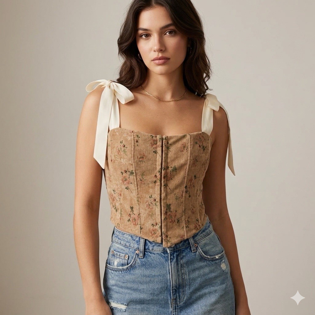 Crop Top Womens L Floral Corset Boho Tie Strap Bustier Festival Whimsical Y2K-image