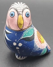 Vintage Mexican Pottery Tonala 2" Hand Painted Pink Blue Owl Folk Art