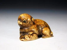 Dog design Fine Carving Antler 根付 Netsuke Edo original netsuke inro antique