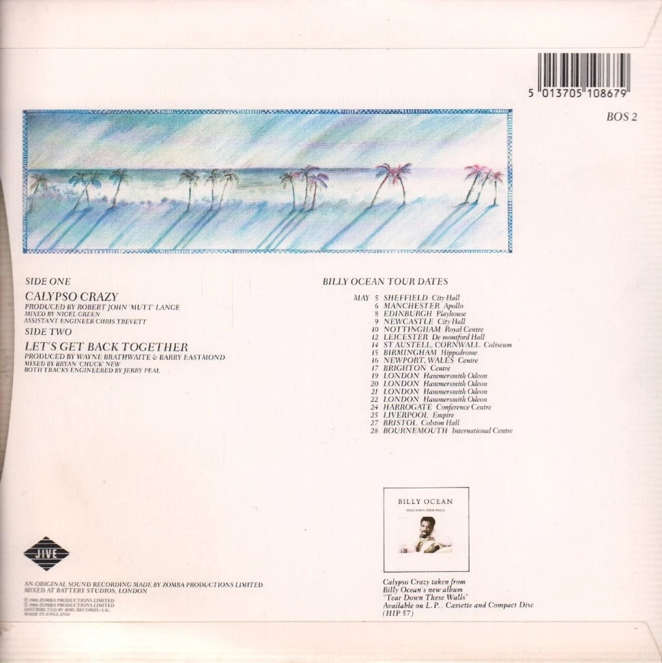 Billy Ocean Calypso Crazy 7" vinyl UK Jive 1988 B/w let's get back together pic - Image 2 of 2