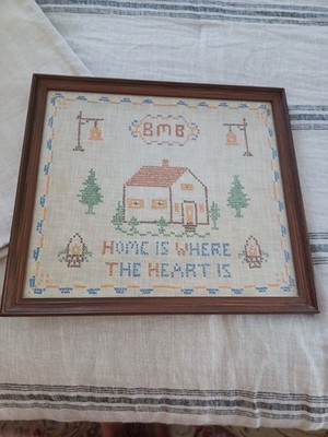 Vintage 1920's-1930's framed  sampler 'Home Is Where The Heart is'.