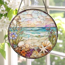 Beach Stained Glass Suncatcher, Palm Tree Sunset Starfish Coastal Window Decor
