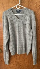 Vintage Polo Ralph Lauren Men's Gray Cable Knit V Neck Sweater Classic Size XL