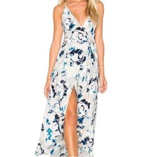 Yumi Kim Silk Floral Maxi Dress Sleeveless Wrap Style Blue White Elegant Large