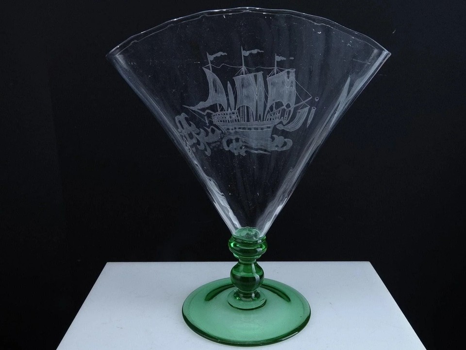 1920's Steuben Carder Era Fan Vase with intaglio cut Ship Etching | eBay UK