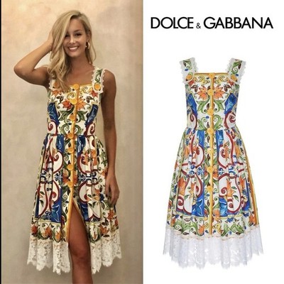 RARE $2,950 Dolce & Gabbana Majolica Lace Trim Button Cotton Midi