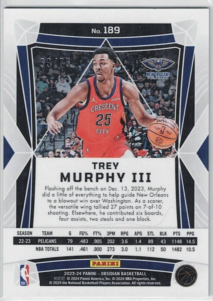 2023-24 Panini Obsidian Trey Murphy II Reggae Flood Electric Etch /75 Pelicans - Image 2 of 2