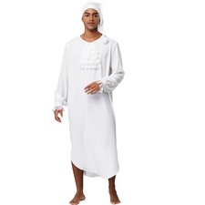 Men Long Sleeve Victorian Style Lace Trim Nightgown Soft Loose Sleep Robe with N