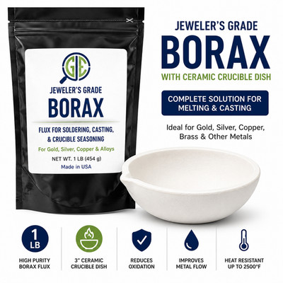 Borax Flux Kit 1 lb w/ 3'' Ceramic Crucible Jewelry Gold Silver Copper Melting