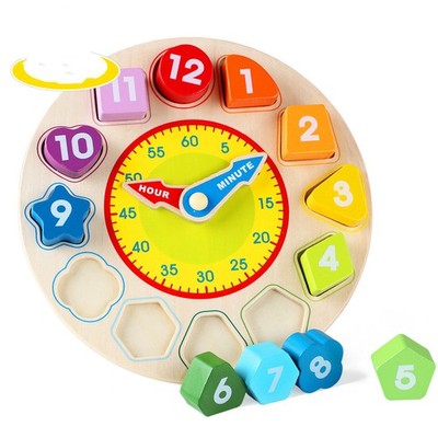Wooden Rainbow Teaching Clock Toddler Shape Sorter Blocks Time Learning Toy Gift