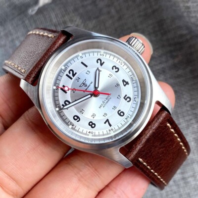 36mm Silver Tandorio Pilot Style 20ATM WR NH35A Automatic Watch For Men Leather