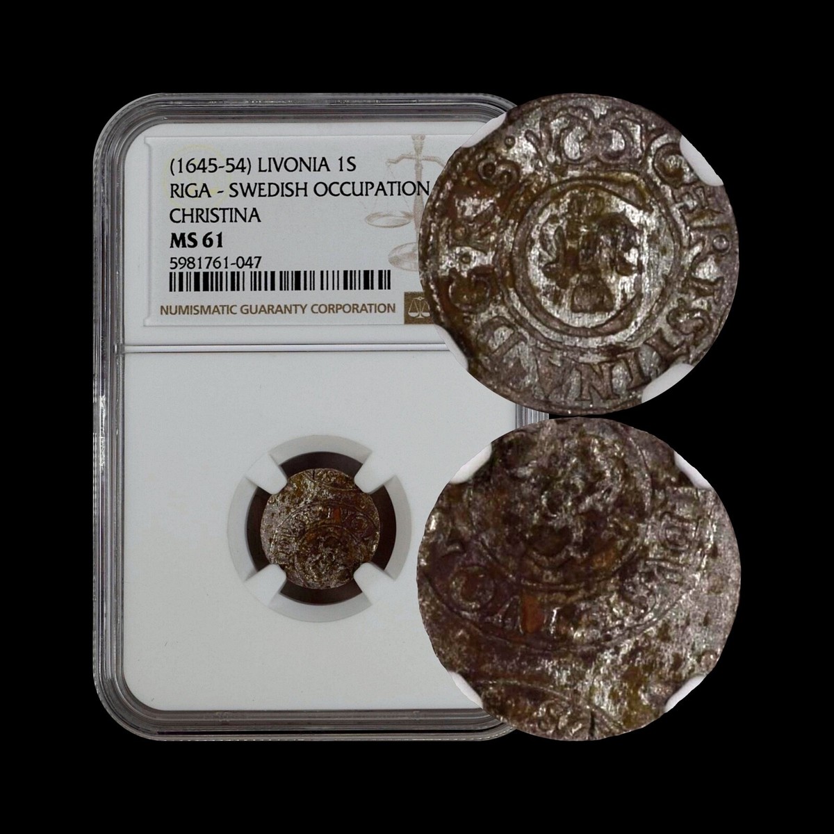 LIVONIA. c.1645, 1 Solidus, Silver - NGC MS61 - Christina, Sweden, Riga,  Griffin