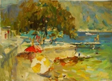 Ukrainian Oil Painting Impressionism seascape sea tree sunny day beach jetty