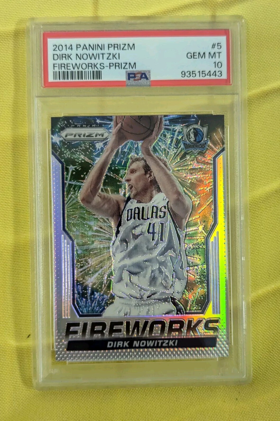 2014-15 Prizm Dirk Nowitzki #5 Fireworks Silver Gem MT PSA 10 Dallas Mavericks