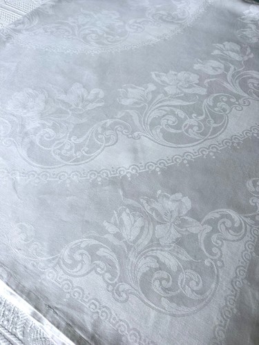 Antique Linen Damask Large Tablecloth Poppies 217cm / 85” - Picture 5 of 14