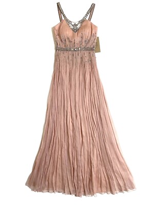 Mignon VM570 Powder Pink 100% Silk Grecian Beaded Rhinestone Crystal Dress SZ 2