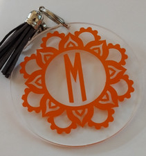 Letter "M" Orange Plastic Circle  Small Tassel Keychain