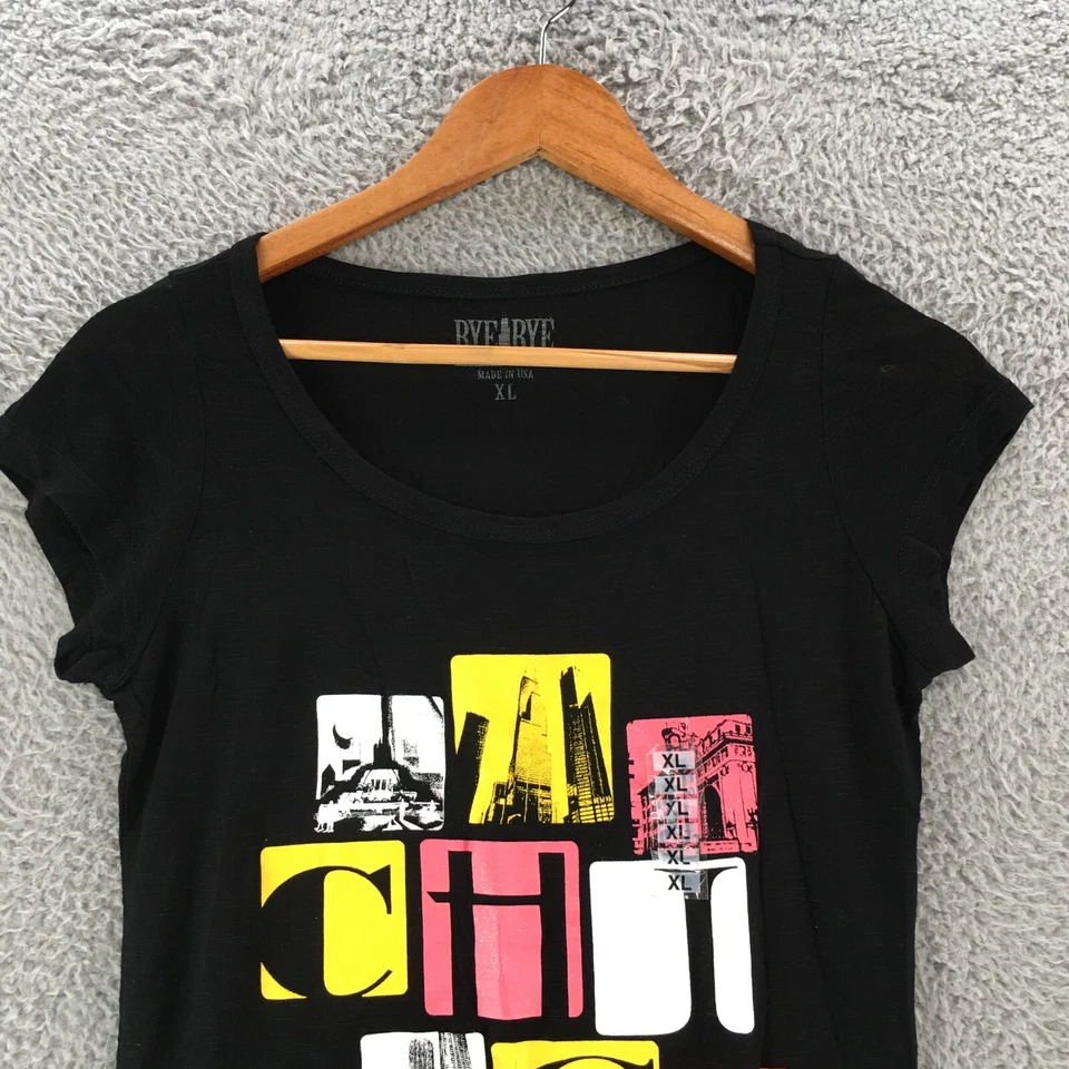 Bye Bye Chicago City Graphic Tee Tshirt Womens XL Black Cap Sleeves Printed - Image 2 of 4