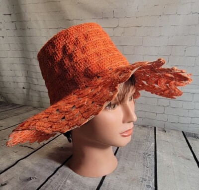 Vintage Sun Hat Orange Floppy Hippie Raffia Straw Beach  display picture 3