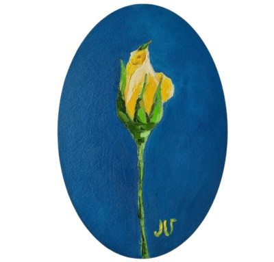 Original Ölgemälde Single Rose Gelb Blumen Kunst Minimalismus Oval Kunstwerk