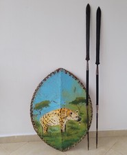 Maasai Shield With A Paint Of A Hyena And Two Maasai Lion Spears