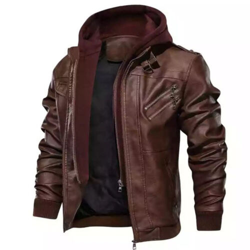 Windproof Mens Hooded Leather Jacket Autumn Casual Slim Fit Zip Up Coat Winter - Picture 6 of 13