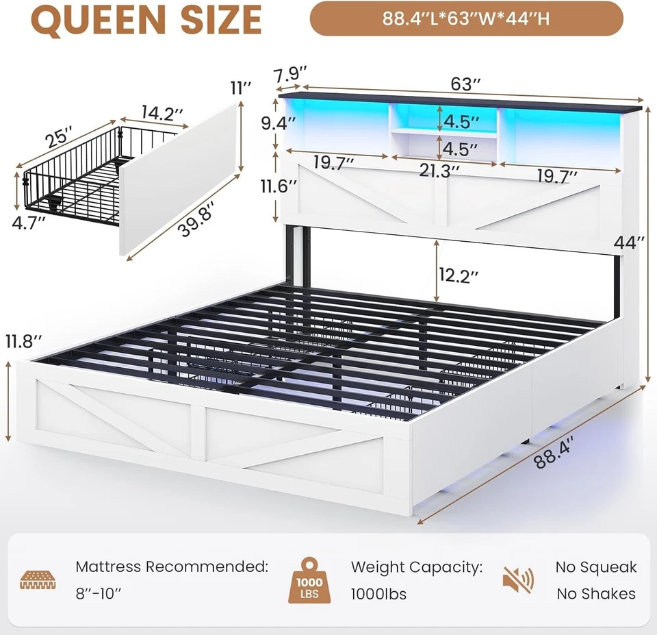 Farmhouse Bed Frame Queen Size with Bookcase Headboard, LED Lights, Barn Door - Image 2 of 4