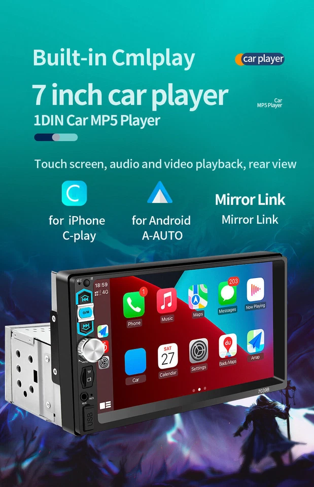 1 Din Radio Coche Estéreo Pantalla Táctil Bluetooth FM Reproductor MP5 Carplay Android Automático Foto 3 de 4