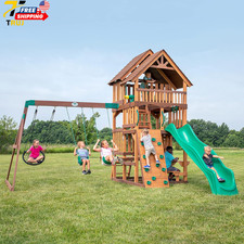 Highlander Cedar Wood Swing Set with Wave Slide Three Story Clubhouse Rock Wall
