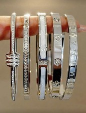Silver Tone Bangle Bracelet Set 5PCS Stainless Steel Crystal Stackable Cuff