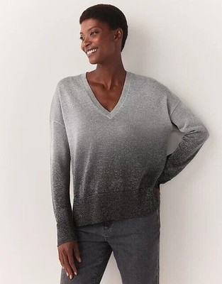 The White Company Pullover Ombre Glitzer V-Ausschnitt, silbergrau, X-Small, UVP 89£