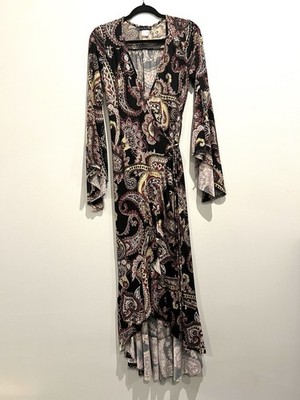 Venus Long Bell Sleeve Paisley Black Wrap Style Maxi Dress Size S