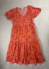 J.CREW Dress Womens 10 Orange Floral Fit & Flare Midi V-Neck Pockets Tiered Puff