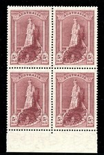 Australia 1948 KGVI 5s claret (O - thin rough paper) block MNH. SG 176a. Sc 177