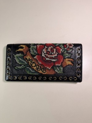 Isabelle Fiore Black Leather Wallet With Embroidered Rose Love Tattoo